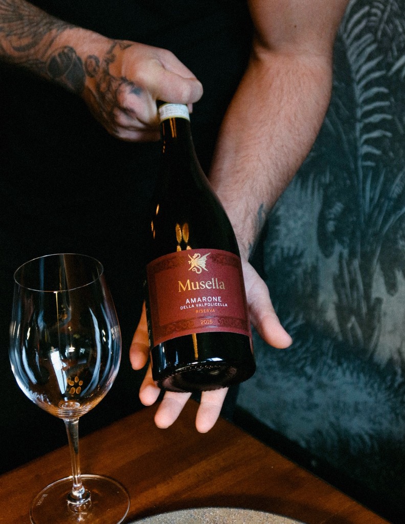 Musella Amarone wine bottle and Riedel glass at Somewhere Dine Bar, Ottawa